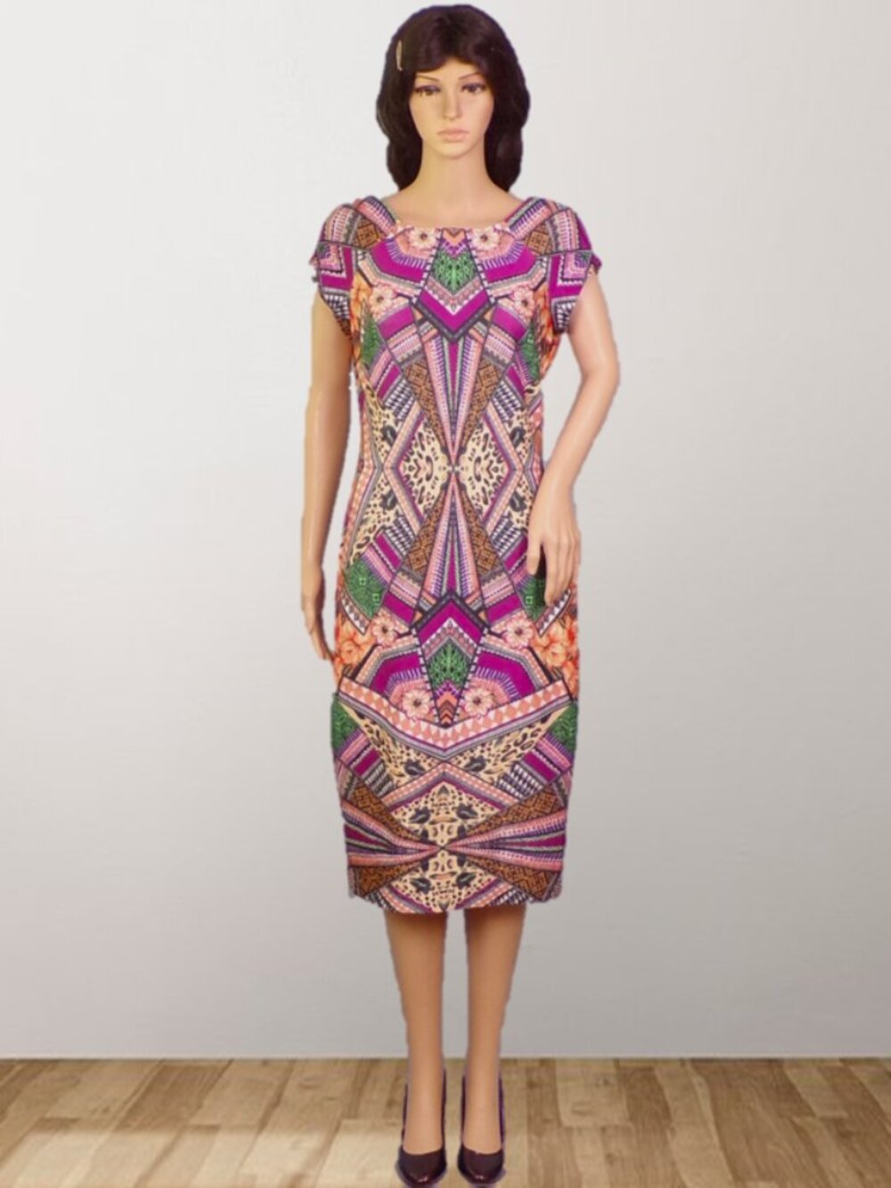 SAMI + DANI size 6 multicolor short-sleeve midi sheath dress polyester/spandex
